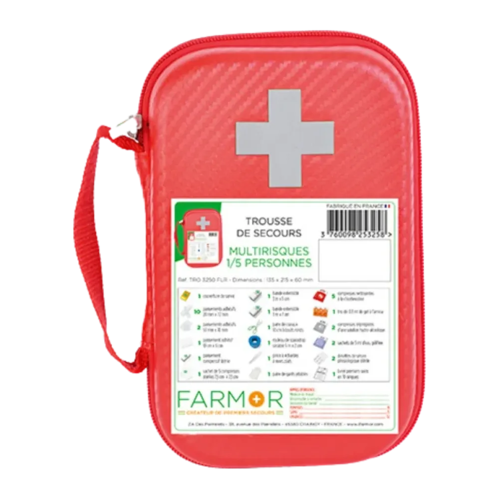 Trousse de secours farmor, universelle 1/5 personnes, rouge